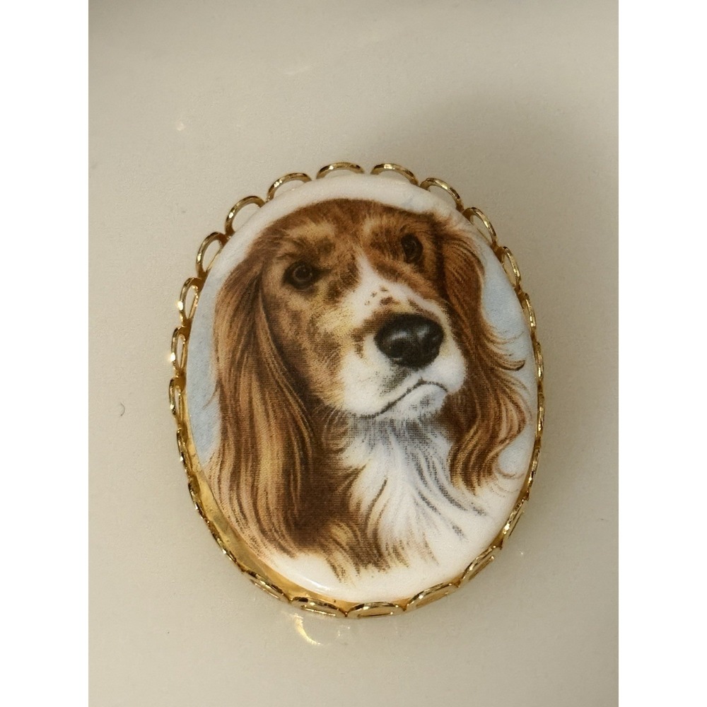 Vintage China or Porcelain Transfer Oval Pin Brooch Spaniel Hound Beagle NWOT‎ - Picture 9 of 15